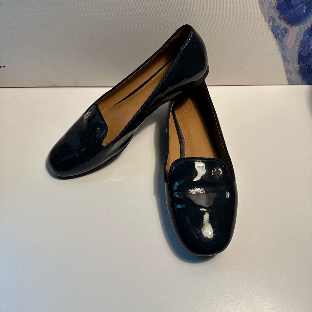 Tory Burch Navy Blue Patent Leather Samantha Smoking Slippers